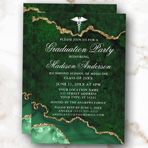 Watercolor Green Marble Medical Graduation Party Invitation