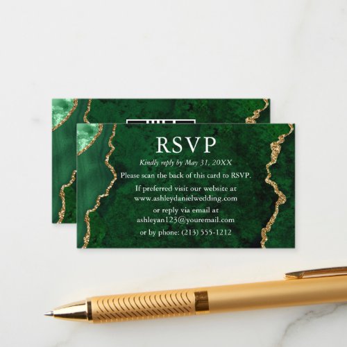Watercolor Green Marble Wedding RSVP QR Back Enclosure Card