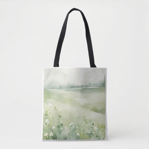 Watercolor Green Meadow Landscape Wildflower Tote Bag