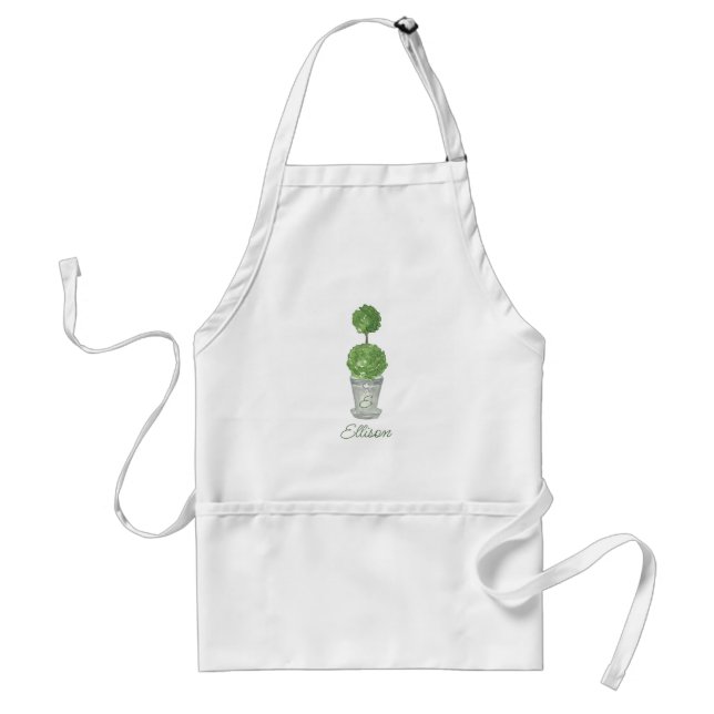 Watercolor Green Monogrammed Topiary Adult Apron (Front)