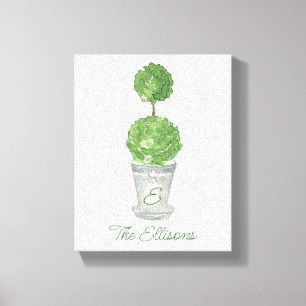 Watercolor Green Monogrammed Topiary Canvas Print