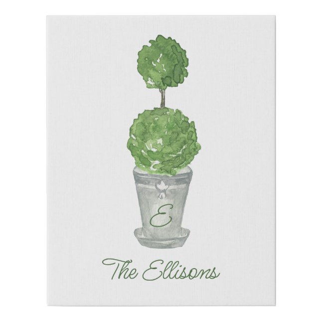 Watercolor Green Monogrammed Topiary Faux Canvas Print (Front)