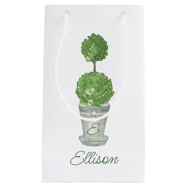 Watercolor Green Monogrammed Topiary Small Gift Bag (Front)
