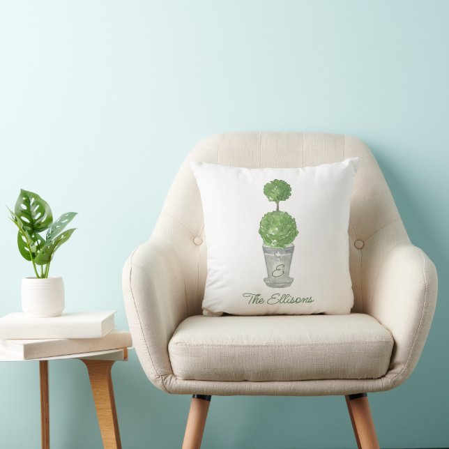Watercolor Green Monogrammed Topiary Throw Pillow (Chair)