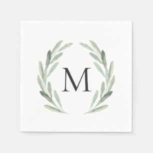 Watercolor Green Olive Branch Wreath Monogram Paper Napkins