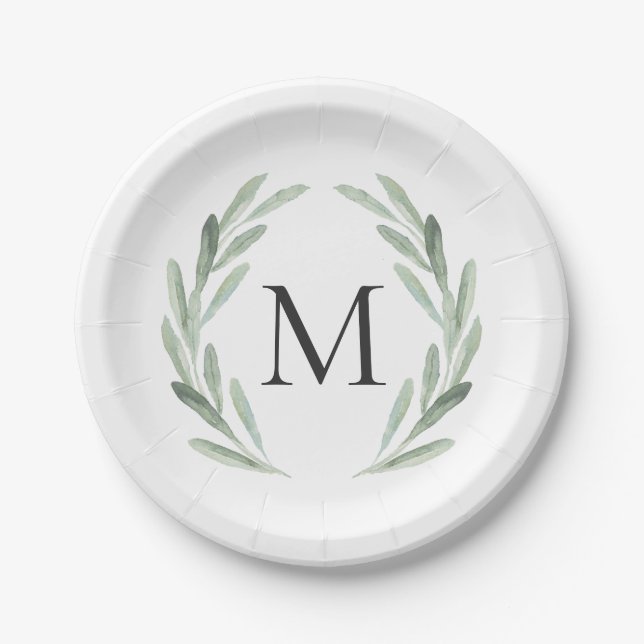 Watercolor Green Olive Branch Wreath Monogram Paper Plates (Front)