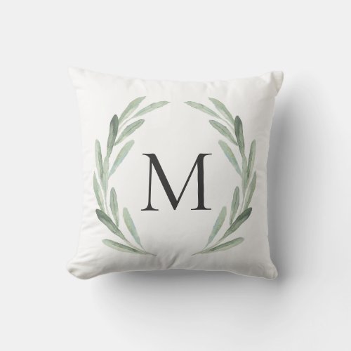 Watercolor Green Olive Branch Wreath Monogram Throw Pillow