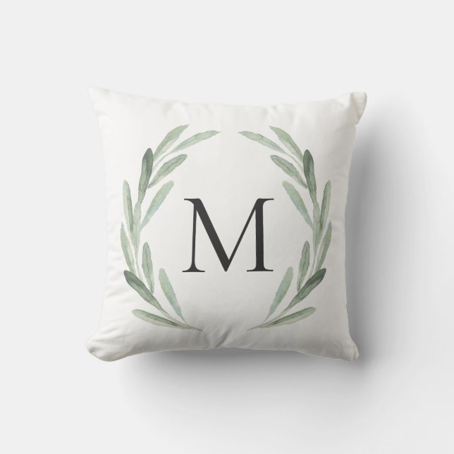 Watercolor Green Olive Branch Wreath Monogram Throw Pillow (Front)