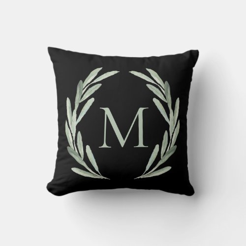 Watercolor Green Olive Branch Wreath Monogram Throw Pillow