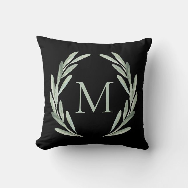 Watercolor Green Olive Branch Wreath Monogram Throw Pillow (Front)