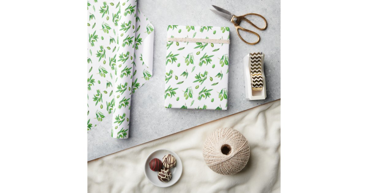 Watercolor Green Olive Branches Leaves Wrapping Paper | Zazzle