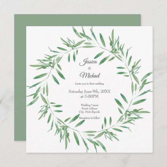 Watercolor Green Olive Wreath Invitation (Front/Back)