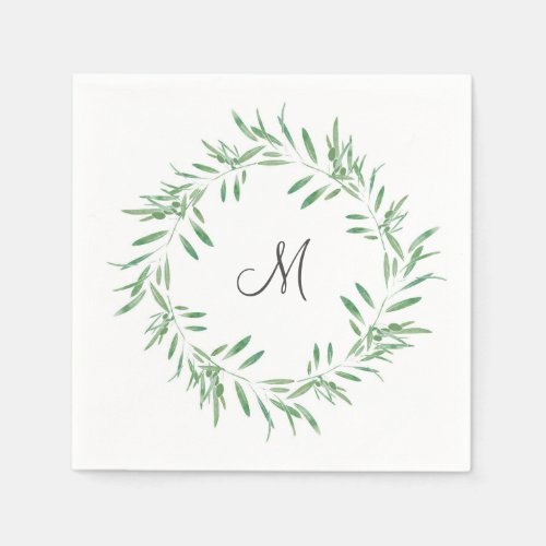 Watercolor Green Olive Wreath Napkins
