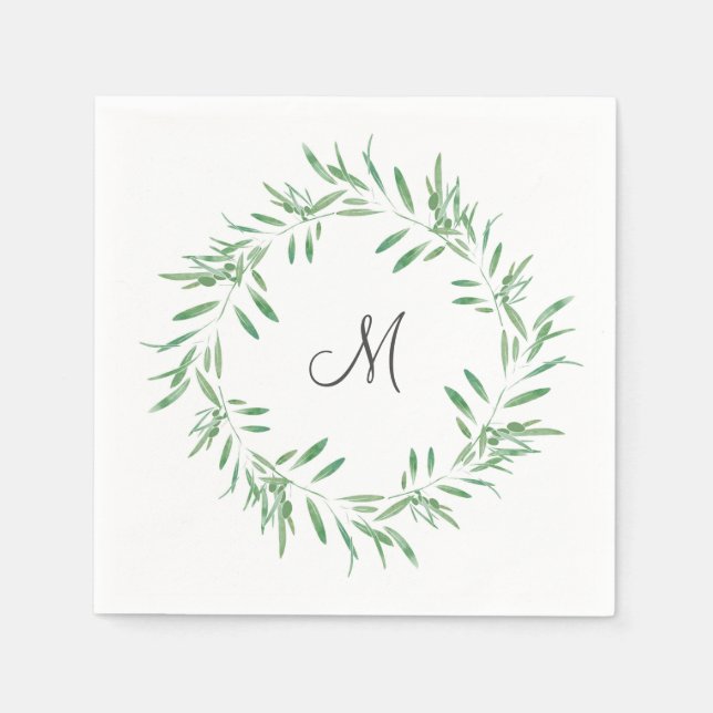 Watercolor Green Olive Wreath Napkins (Front)
