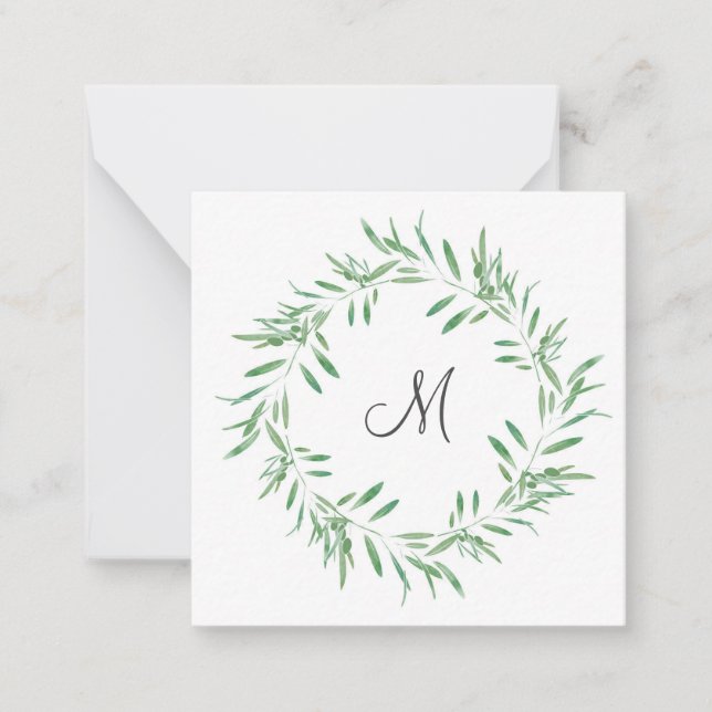 Watercolor Green Olive Wreath Note Card (Front)
