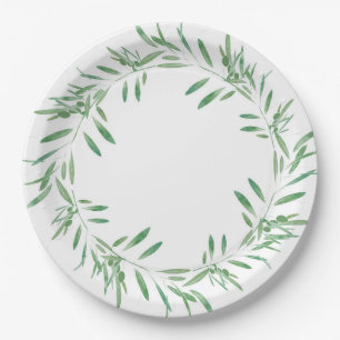 Watercolor Green Olive Wreath Paper Plates