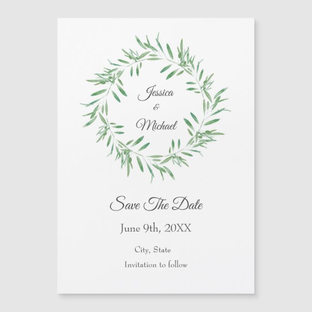 Watercolor Green Olive Wreath Save The Date Magnetic Invitation (Front)