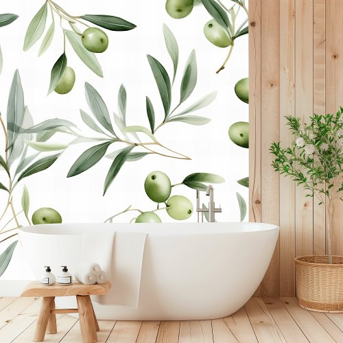 Watercolor Green Olives and Leaves Seamless Patter Wallpaper