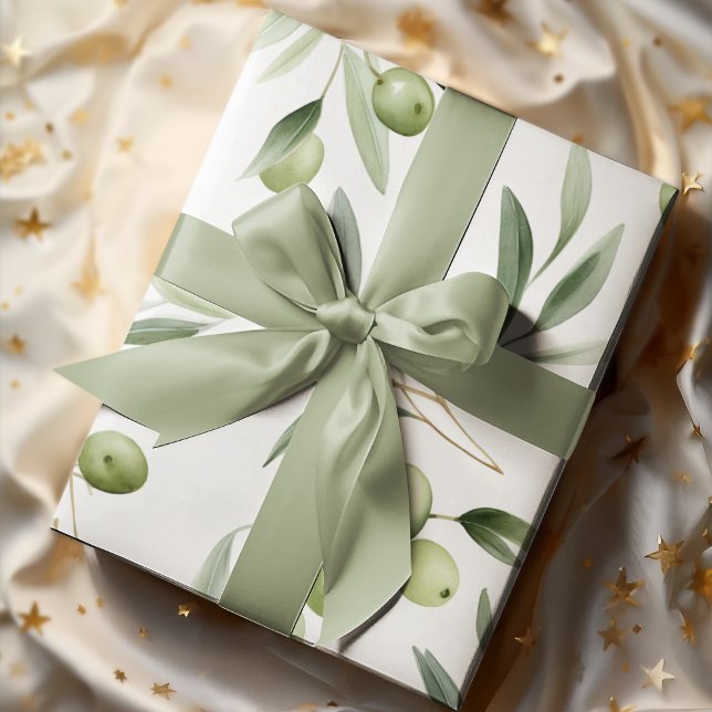 Watercolor Green Olives and Leaves Seamless Patter Wrapping Paper (Creator Uploaded)