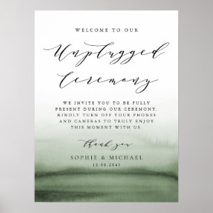 Watercolor Green Ombre Unplugged Wedding Ceremony Poster
