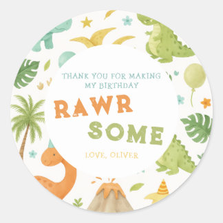 Watercolor Green Orange Dinosaur Birthday Sticker