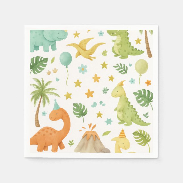 Watercolor Green Orange Dinosaur Pattern Napkin (Front)