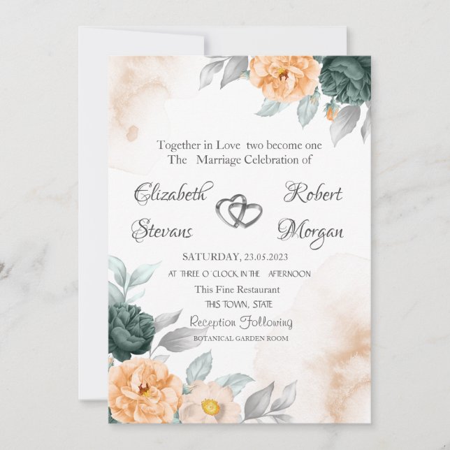 Watercolor Green Orange Roses Invitation (Front)