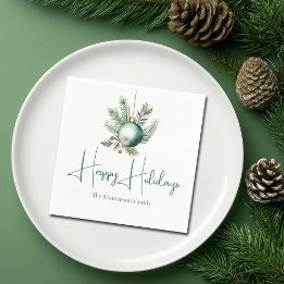 Watercolor Green Ornament Trendy Holiday Party Napkins