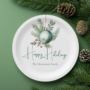 Watercolor Green Ornament Trendy Holiday Party Paper Plates