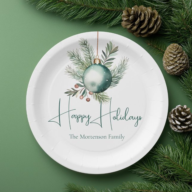 Watercolor Green Ornament Trendy Holiday Party Paper Plates (Creator Uploaded)