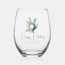 Watercolor Green Ornament Trendy Holiday Party Stemless Wine Glass