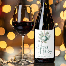 Watercolor Green Ornament Trendy Holiday Party Wine Label