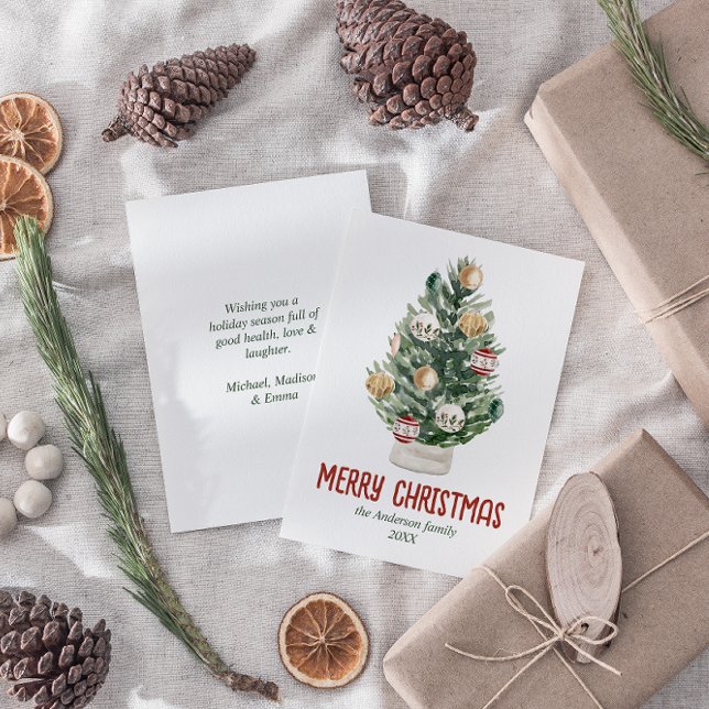 Watercolor Green Ornaments Tree Merry Christmas Holiday Card (Creator Uploaded)