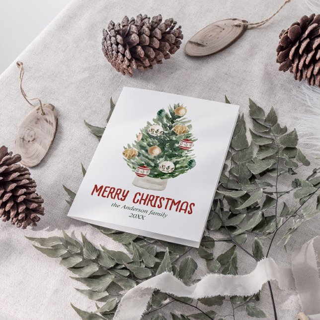 Watercolor Green Ornaments Tree Merry Christmas Holiday Card (Creator Uploaded)