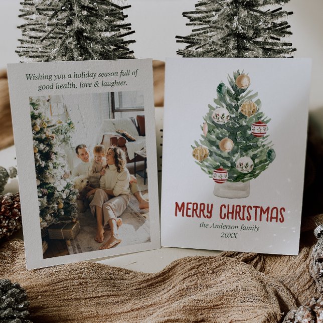 Watercolor Green Ornaments Tree Photo Christmas Holiday Card (Creator Uploaded)