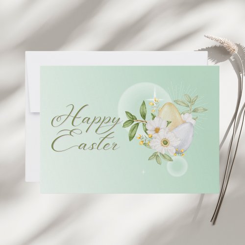 Watercolor Green Pastel White Daisies Happy Easter Note Card