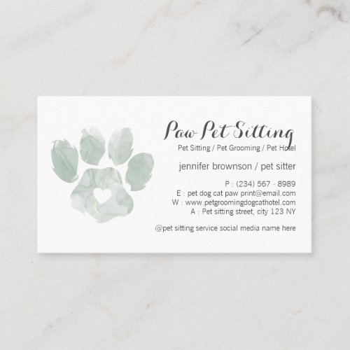 Watercolor GREEN Pet Sitter Grooming Paw Business Card