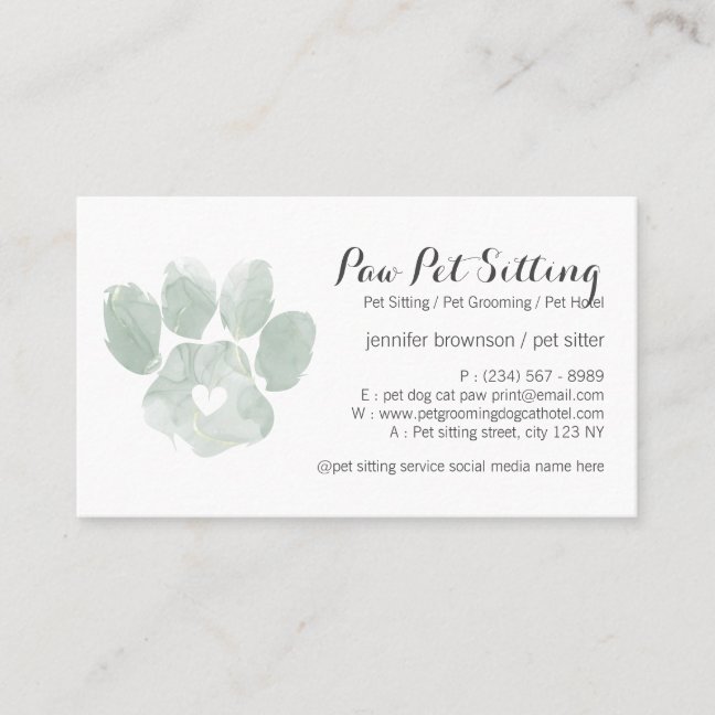 Watercolor GREEN Pet Sitter Grooming Paw Business Card