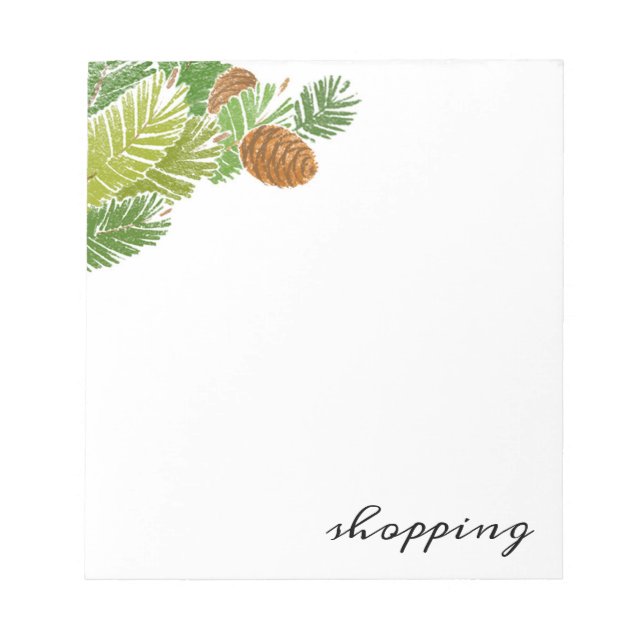 Watercolor Green Pine Branch Cones Notepad (Front)