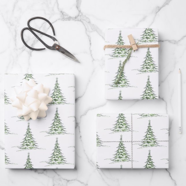 Watercolor Green Pine Christmas Wrapping Paper (Front)