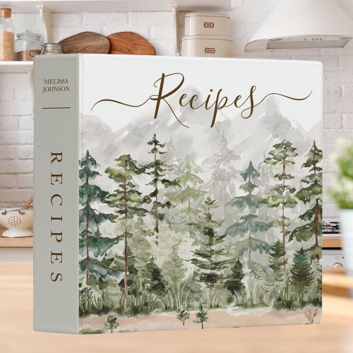 Watercolor Green Pine Forest Cookbook Recipe 3 Ring Binder