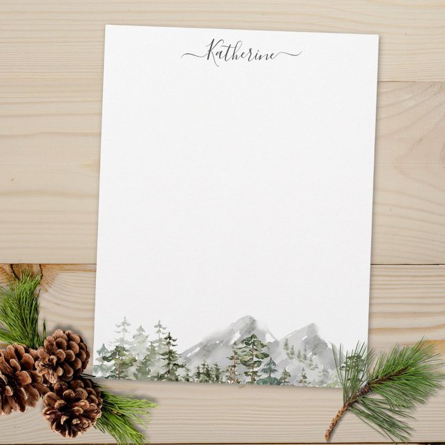 Watercolor Green Pine Forest Letterhead (Close up)