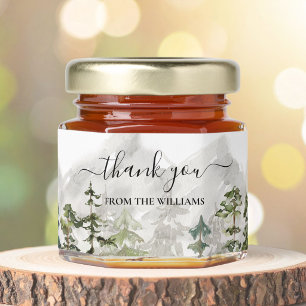 Watercolor Green Pine Forest Mountain Thank You Honey Jar Favors