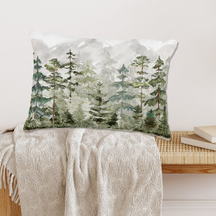 Watercolor Green Pine Forest on Mountain Accent Pillow