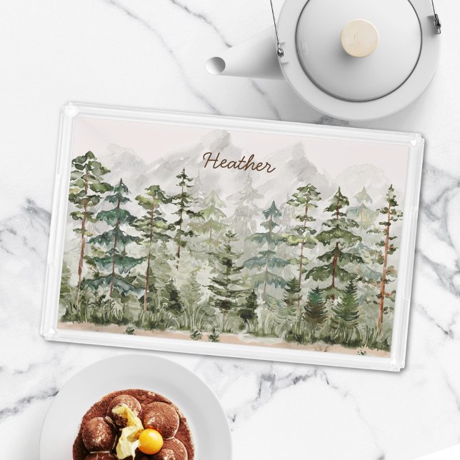 Watercolor Green Pine Forest on Mountain Acrylic Tray (In situ)