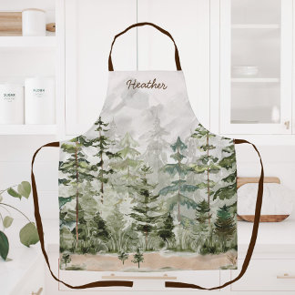 Watercolor Green Pine Forest on Mountain Apron