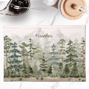 Watercolor Green Pine Forest on Mountain Cloth Placemat