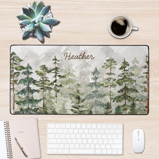 Watercolor Green Pine Forest on Mountain Desk Mat (In situ office desk)