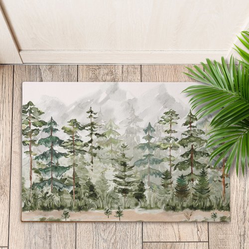 Watercolor Green Pine Forest on Mountain Doormat