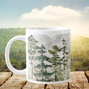 Watercolor Green Pine Forest on Mountain Giant Coffee Mug